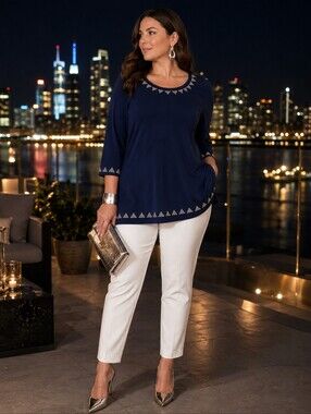 Belldini 3X Navy Rhinestone Studded Triangles Tunic Top 3/4 Sleeve Stretch